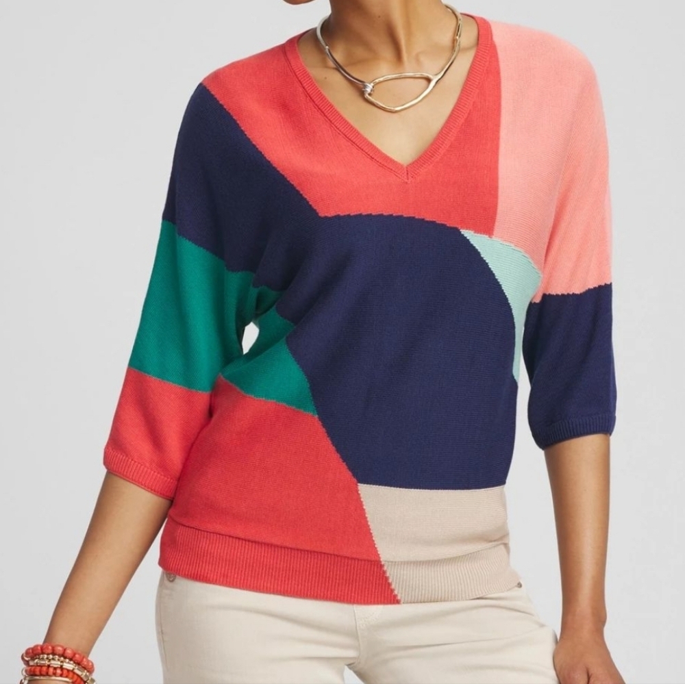 Chico's Colorblock‎ Intarsia V-neck Pullover Sweater Size XXL Soring Easter